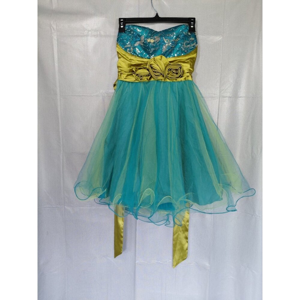 XOXO Strapless Mini Dress Sz 7 Homecoming Prom Formal Turquoise Green Sequins